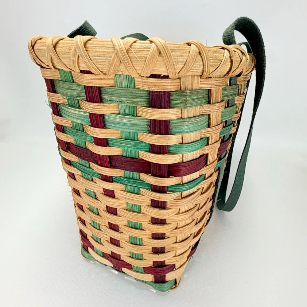 Vintage Woven Wicker Basket with Cloth Handles Tan Green Burgundy